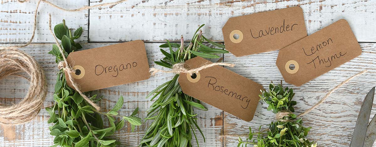 brown herb labels that say oregano, rosemary, lavender and lemon thyme